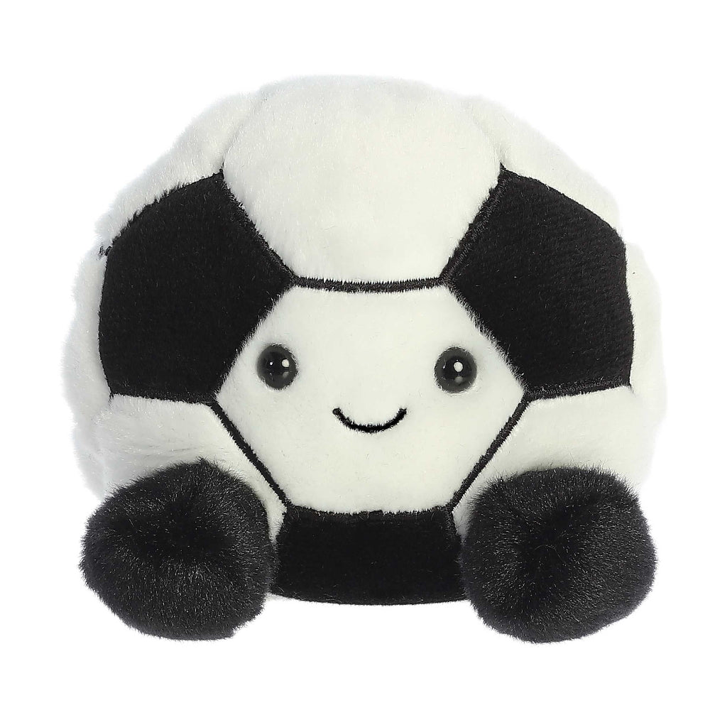 Soccer ball plush toy, 5in, white and black with a friendly smile, Aurora Palm Pals Striker