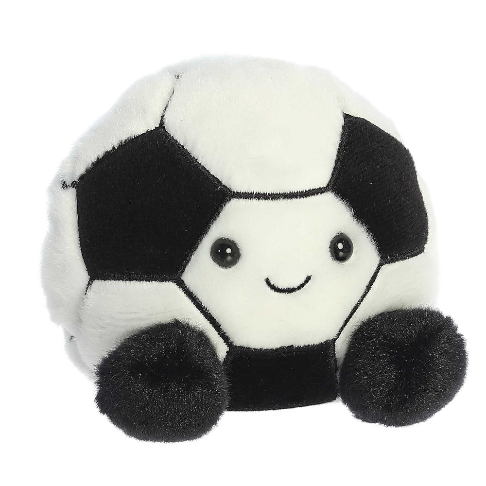 Aurora Palm Pals Striker soccer ball plush, 5-inch white plush with black pentagon panels and cute smiling face