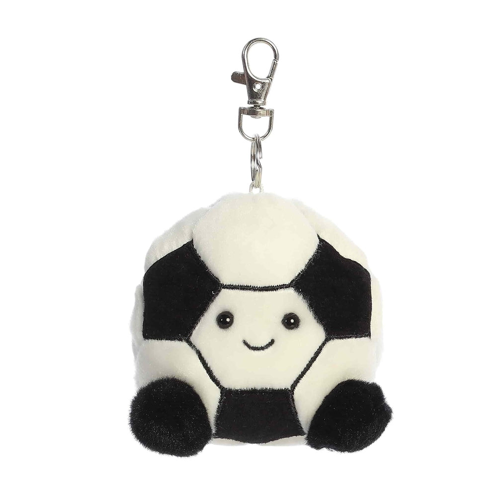 Aurora Palm Pals Striker Soccerball ClipOn 4in plush panda with black-and-white soccer ball pattern and clip.