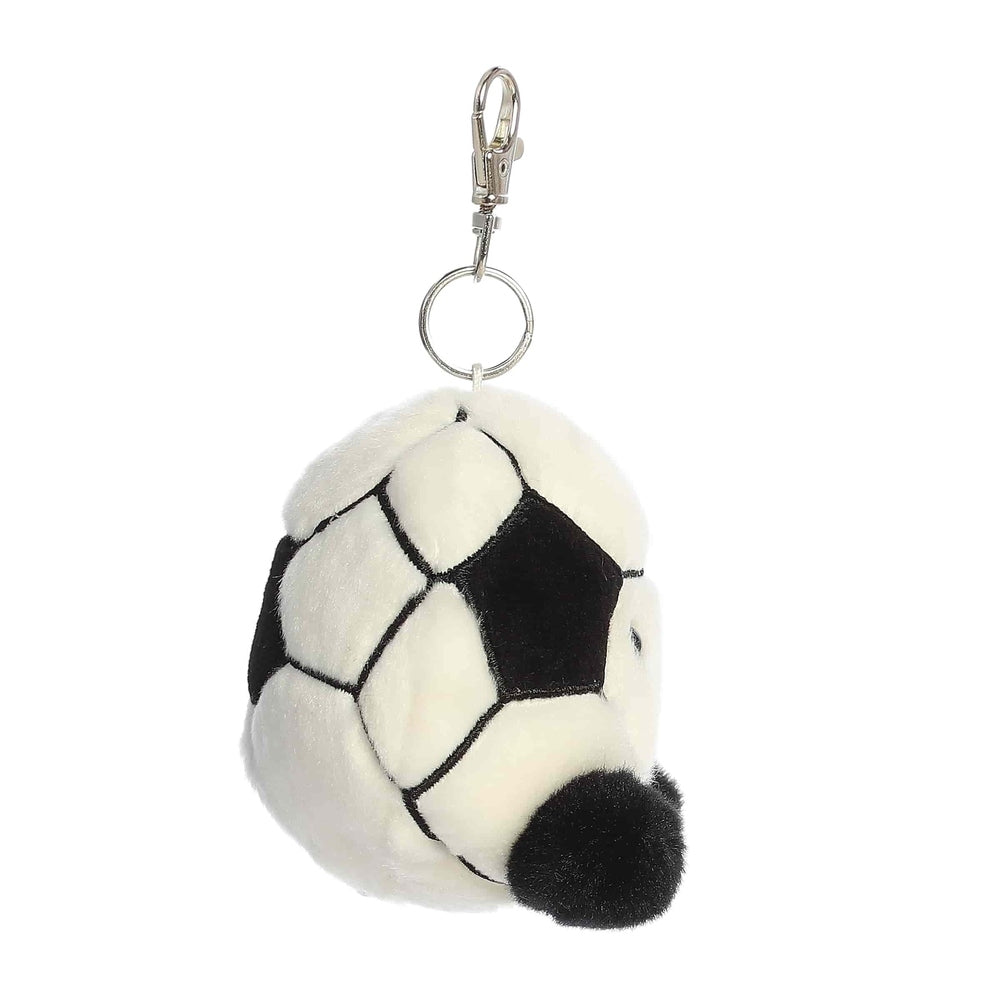 Aurora Palm Pals Striker Soccerball ClipOn 4" plush keychain, white-and-black soccer ball with clip and ring.