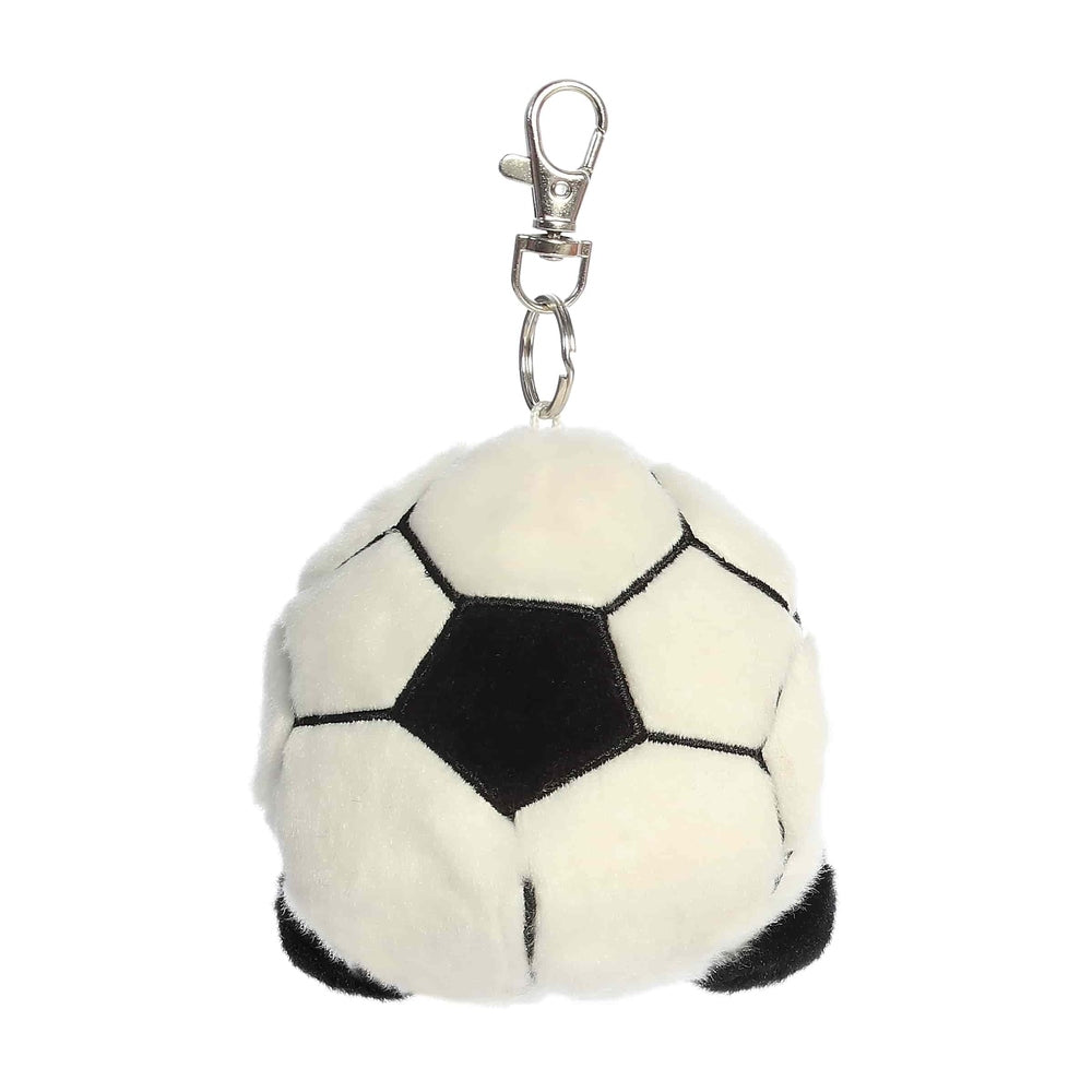 Aurora Palm Pals Striker Soccerball ClipOn 4" plush keychain, white with black pentagon patches, metal clip.