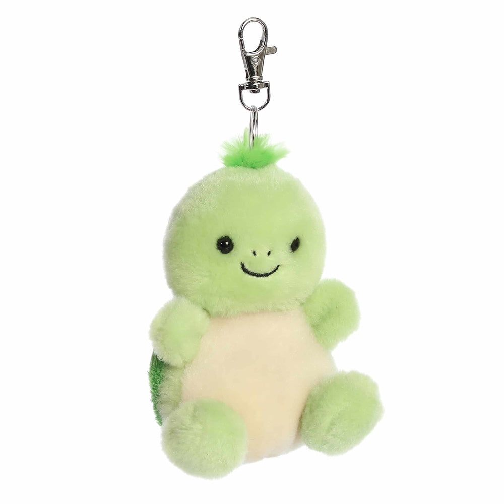 Aurora Palm Pals Tiny Turtle clip-on plush toy, lime-green with cream belly, soft plush fabric and metal clip