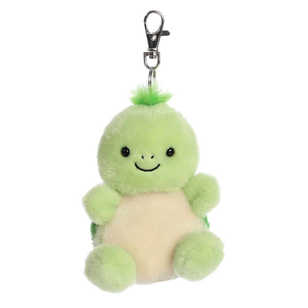 Aurora Palm Pals Tiny Turtle clip-on plush, lime green body with beige belly, metal clip.
