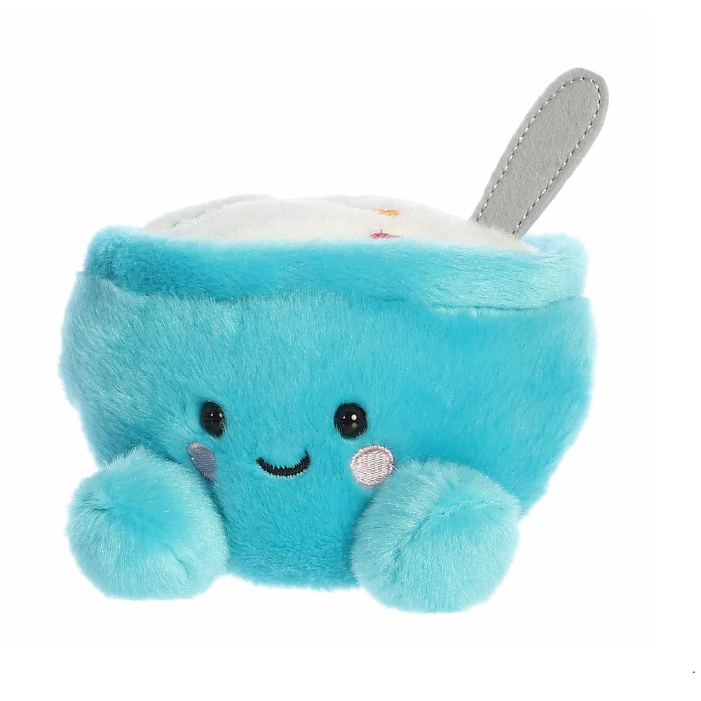 Aurora Palm Pals Trixie Cereal 5" plush toy in bright blue, smiling face with fluffy paws raised