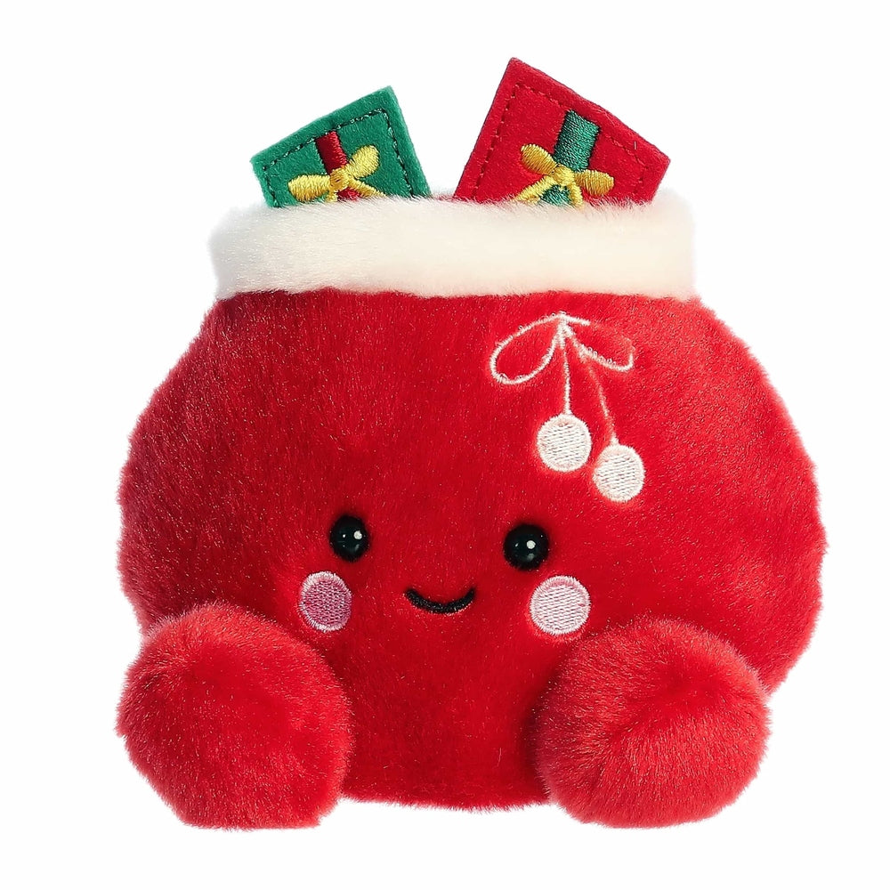 Aurora Palm Pals Velvet Santa Bag plush, red velvet with white fur trim and embroidered cherry accents