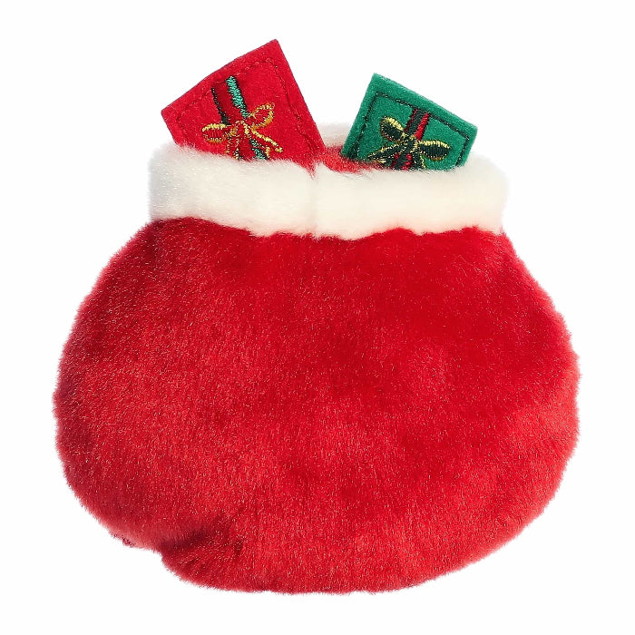 Aurora Palm Pals Santa bag plush, red velvet with white fur trim and two gift tags