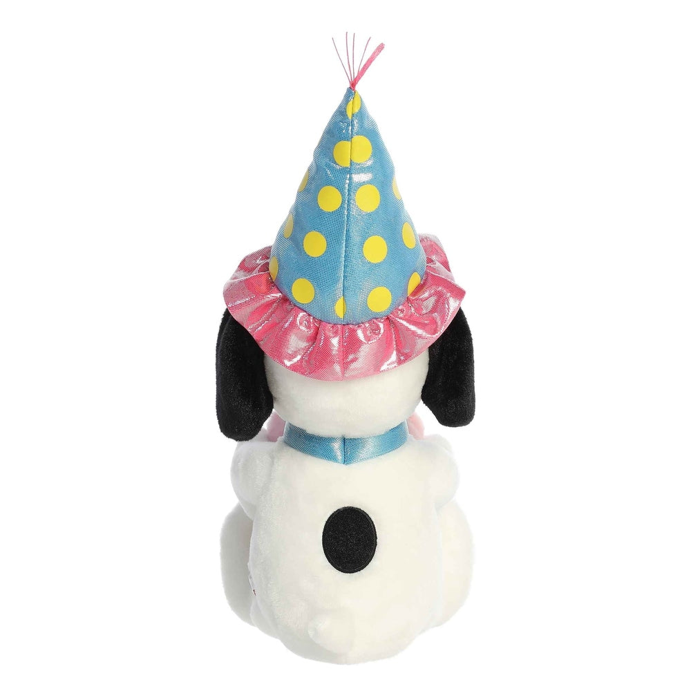 Aurora Snoopy stuffed toy wearing a blue yellow polka-dot party hat with pink frill, 12 inches