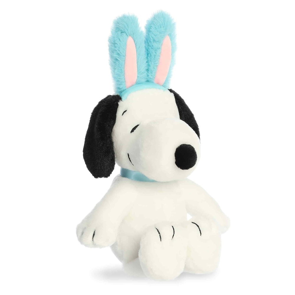 Aurora Peanuts Easter Snoopy plush, 8-inch white stuffed dog with blue bunny ears and collar