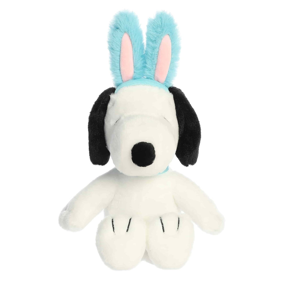 Aurora Snoopy Easter plush, 8-inch stuffed animal with white body, black ears, and blue fluffy bunny ears.