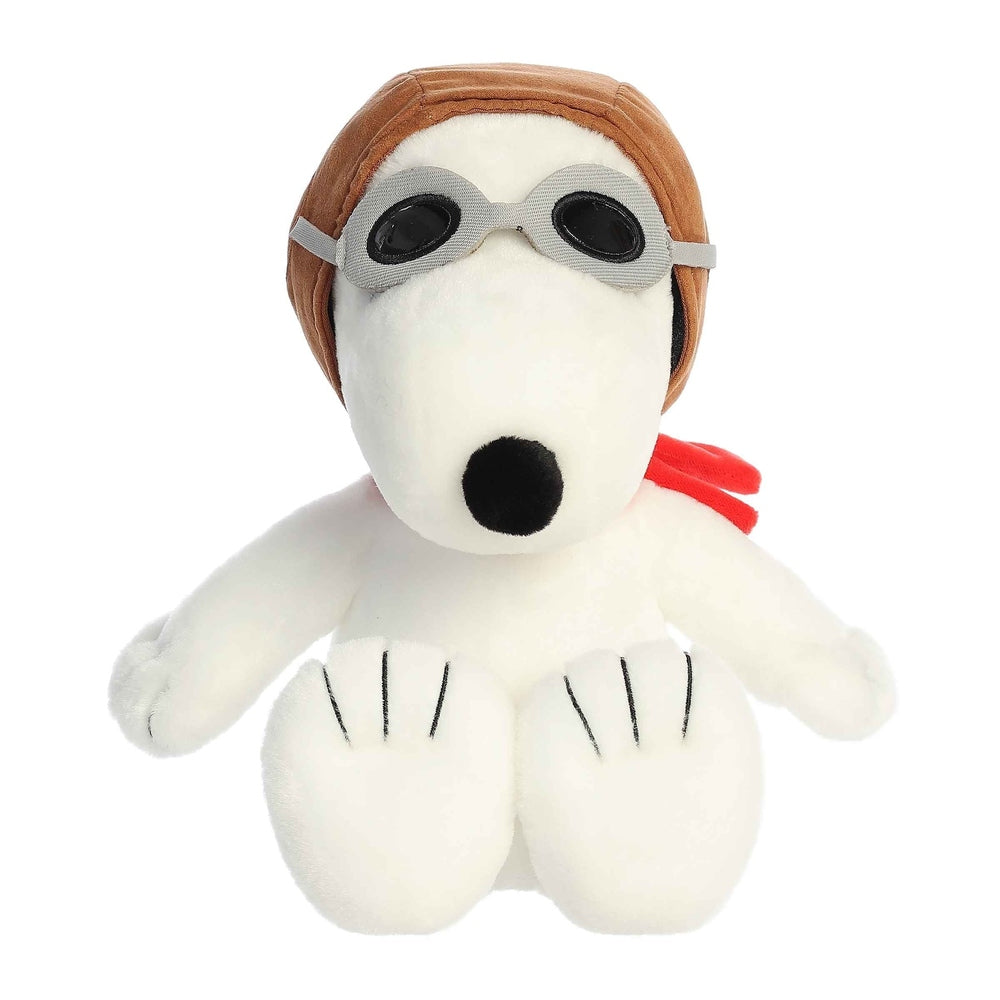 Aurora Snoopy Flying Ace plush, 12-inch white dog with brown aviator hat, gray goggles, red scarf