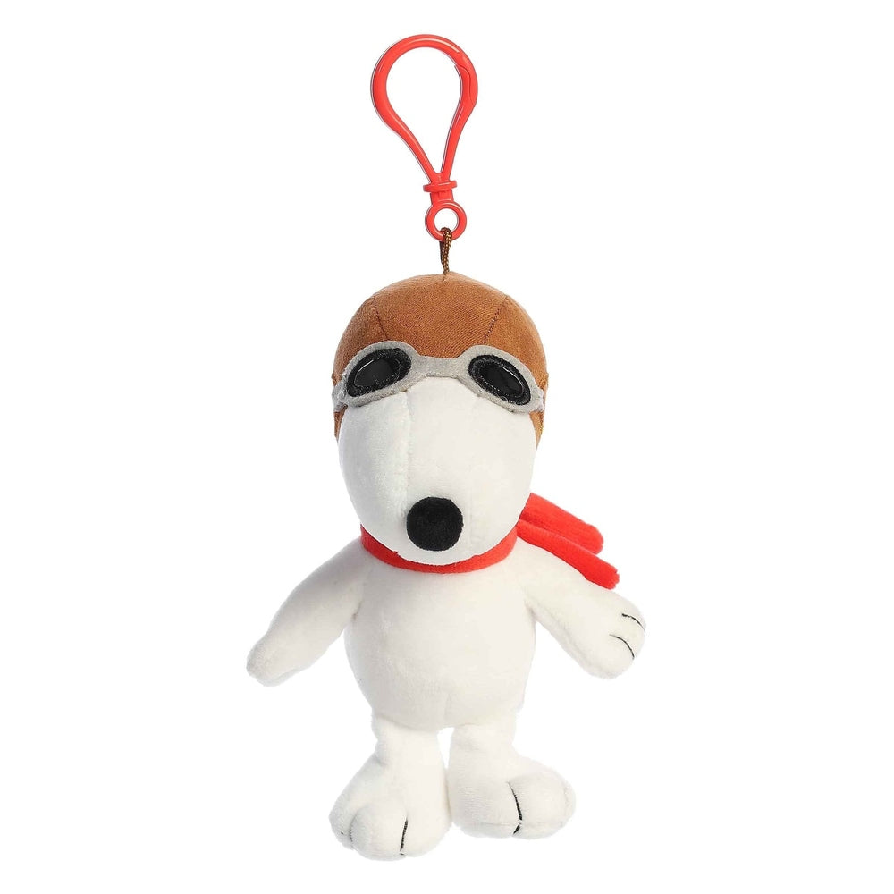 Aurora Peanuts Flying Ace Clip-On 5" plush with red clip, Snoopy wearing goggles and scarf.