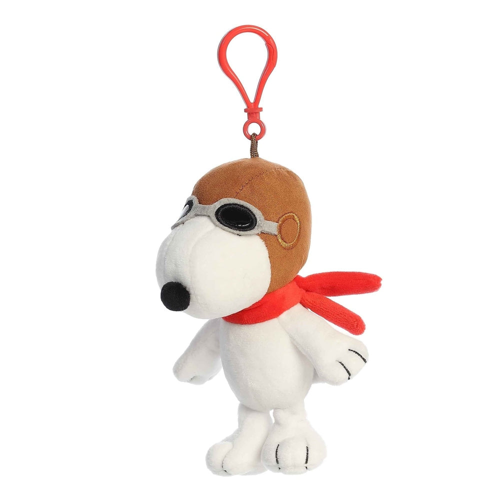 Aurora Peanuts Flying Ace Clip-On 5" plush Snoopy wearing helmet, goggles, and red scarf attached to a red clip.