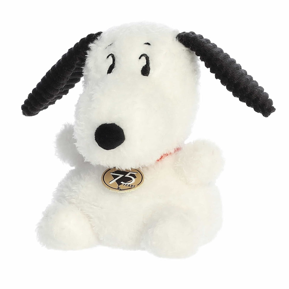 Snoopy plush toy, 5-inch white plush with black ears from Aurora Palm Pals 75th Anniversary collection