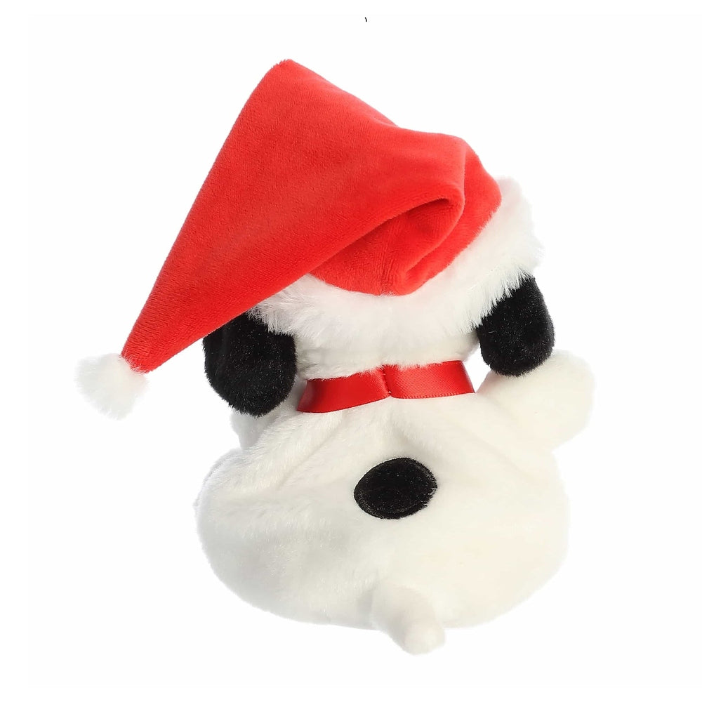 Aurora Palm Pals Santa Snoopy plush in red Santa hat and collar, white fluffy body with black ears