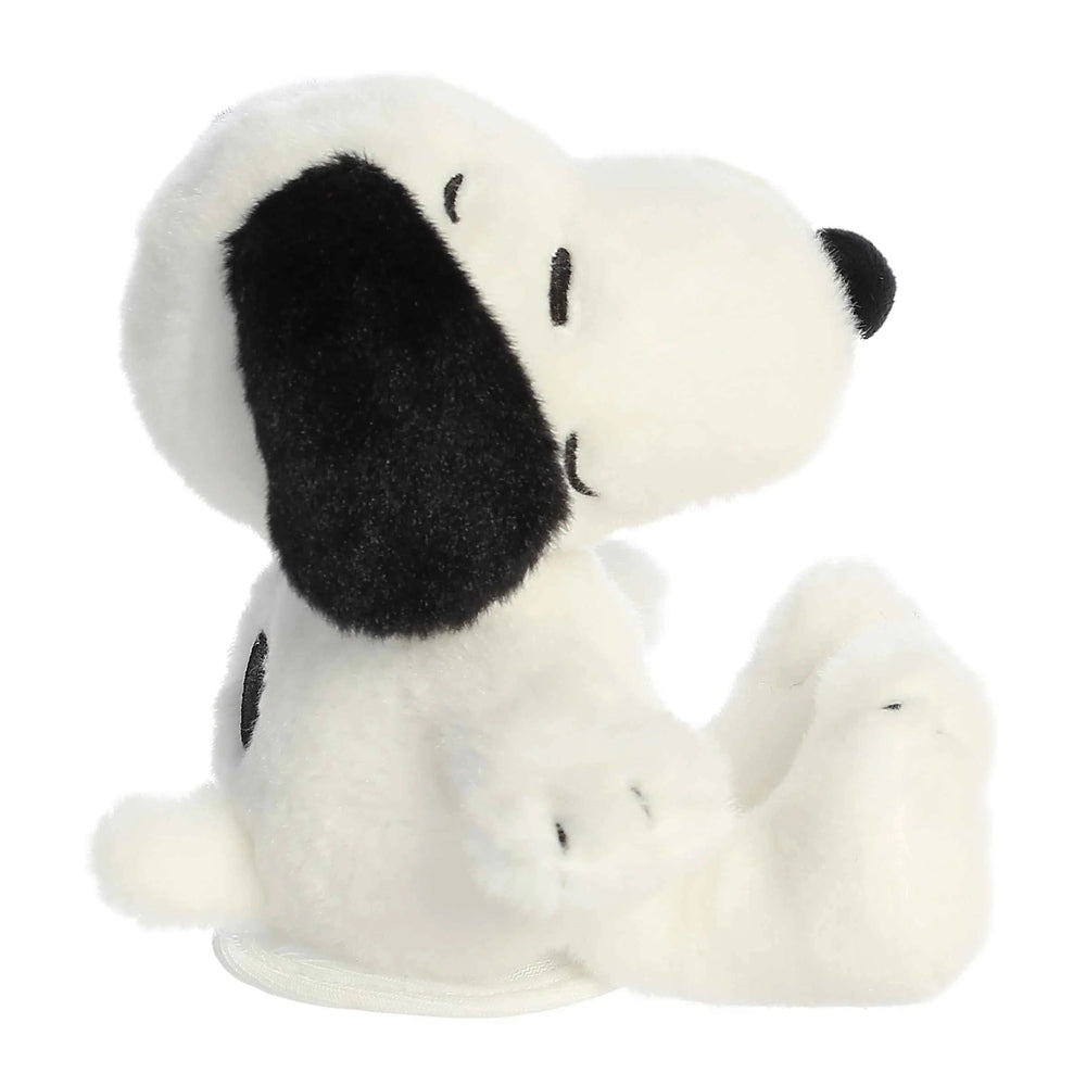 Snoopy stuffed animal by Aurora, 5" white plush with black ears, seated pose