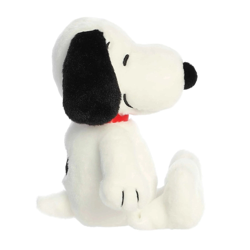 Aurora Snoopy 8-inch stuffed animal from Snoopy & Friends, white plush with black ear and red collar, sitting.