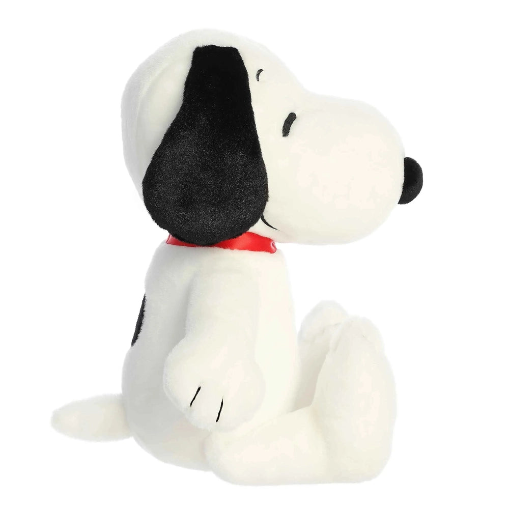 Aurora Snoopy 8-inch plush stuffed animal, white with black ears and red collar, sitting pose.