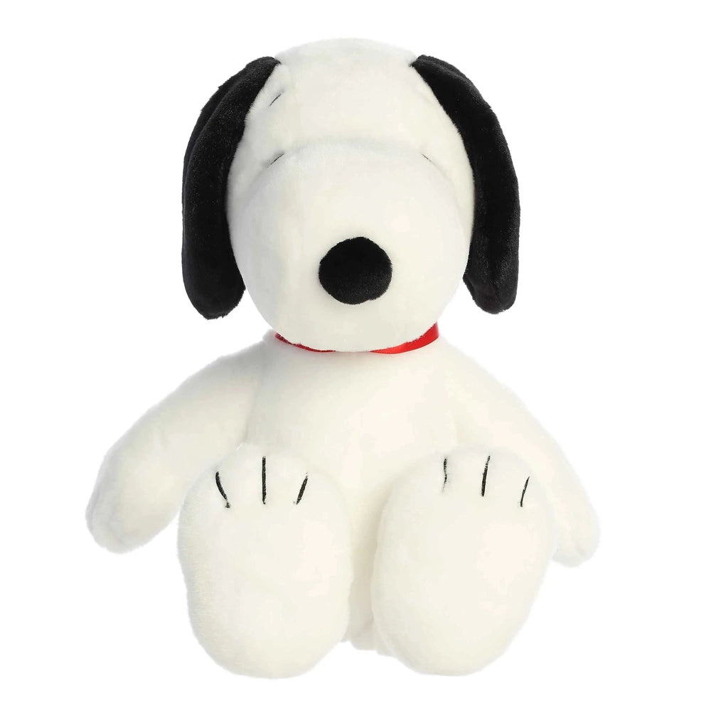 Aurora Snoopy 8" stuffed animal, white with black ears and red collar, sitting upright.