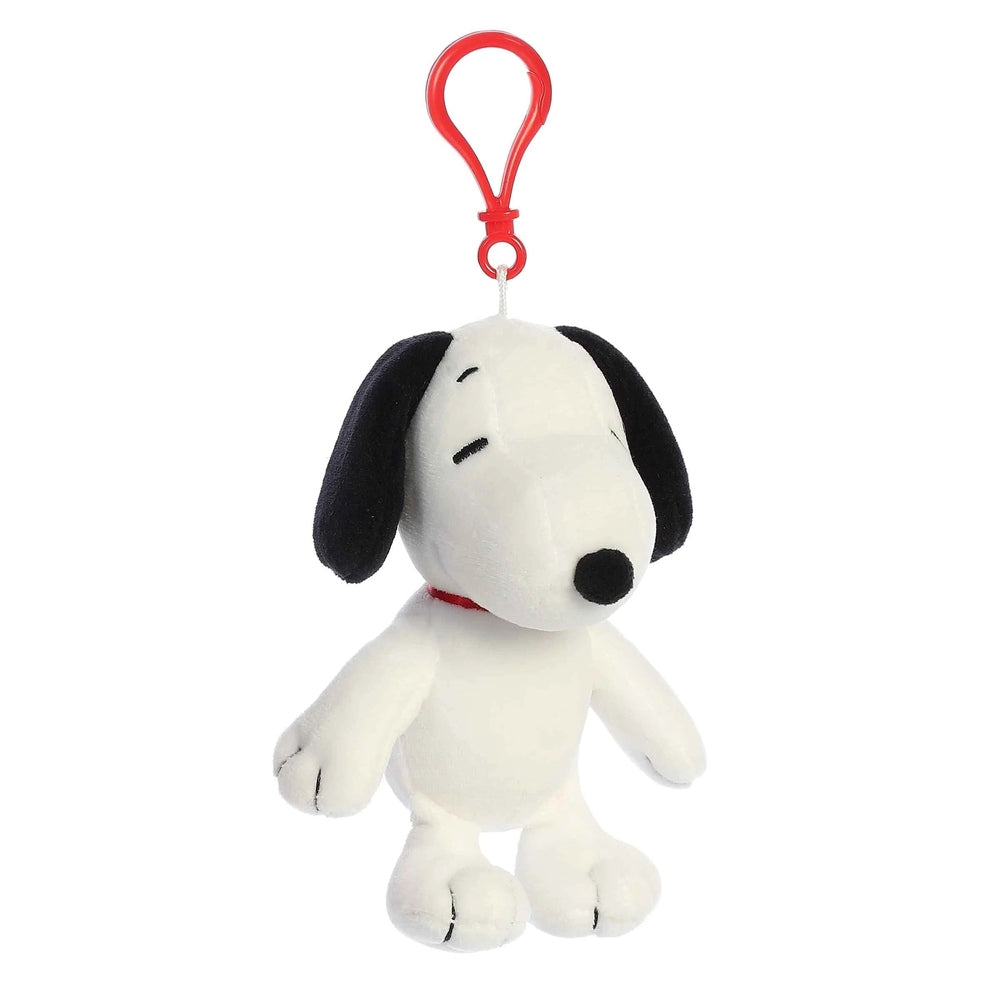 Aurora Snoopy ClipOn plush toy, white with black ears and red collar, 4.5-inch stuffed animal