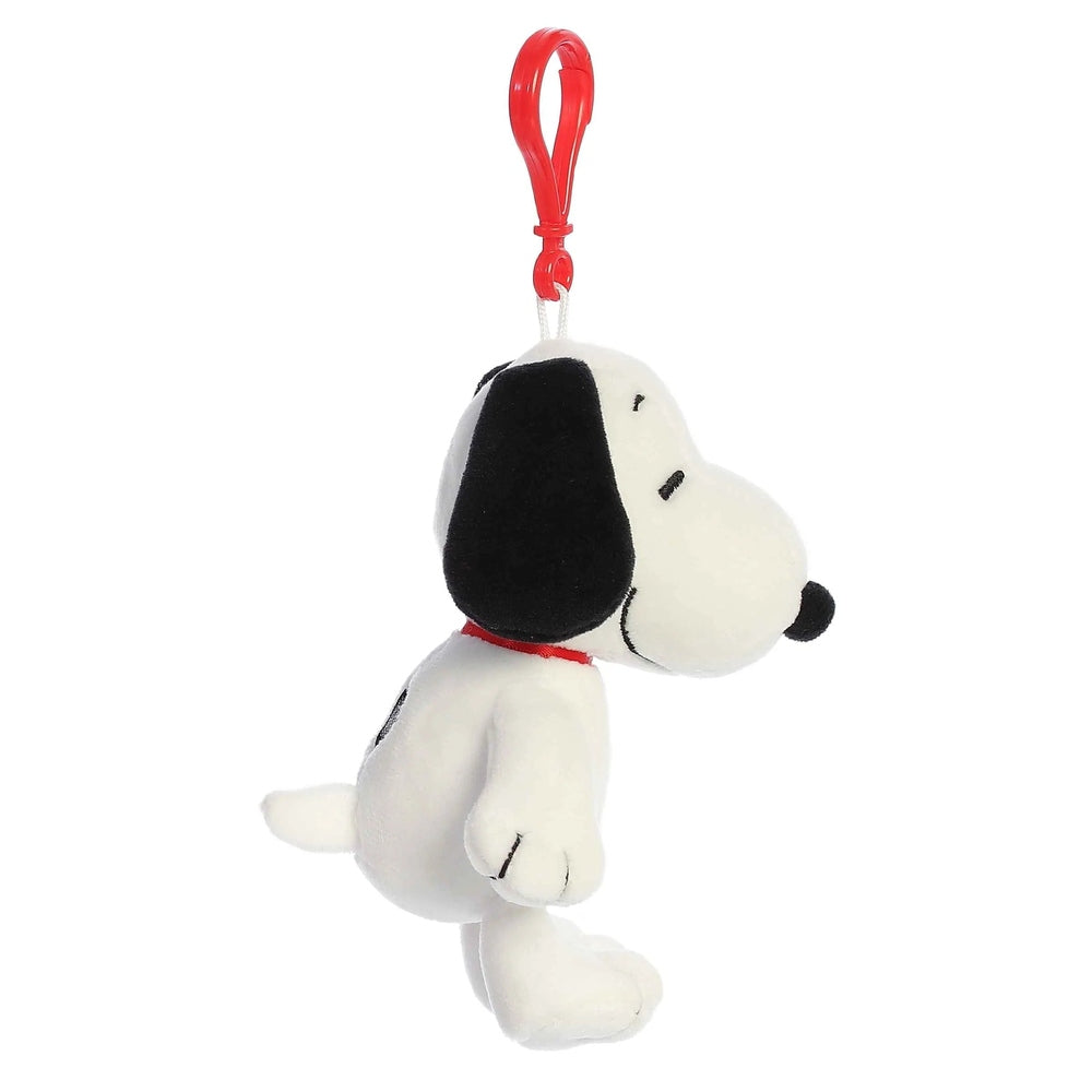 Aurora Snoopy clip-on plush toy, white with black ear, red collar, 4.5-inch stuffed animal