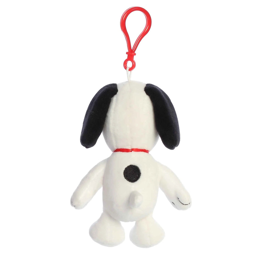 Aurora Snoopy clip-on plush toy, 4.5in, white body with black ears and red collar, stuffed animal accessory