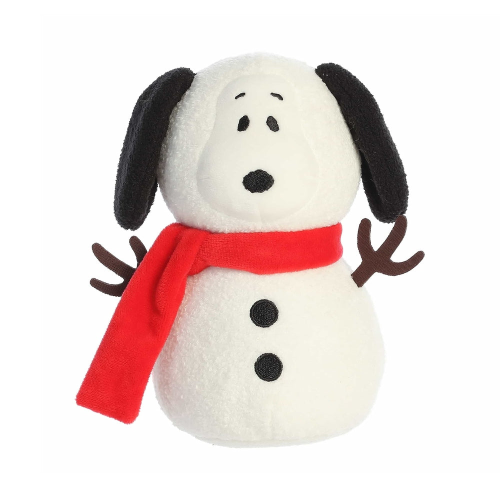 Aurora Peanuts Snow Beagle 8" plush toy with red scarf and black ears.
