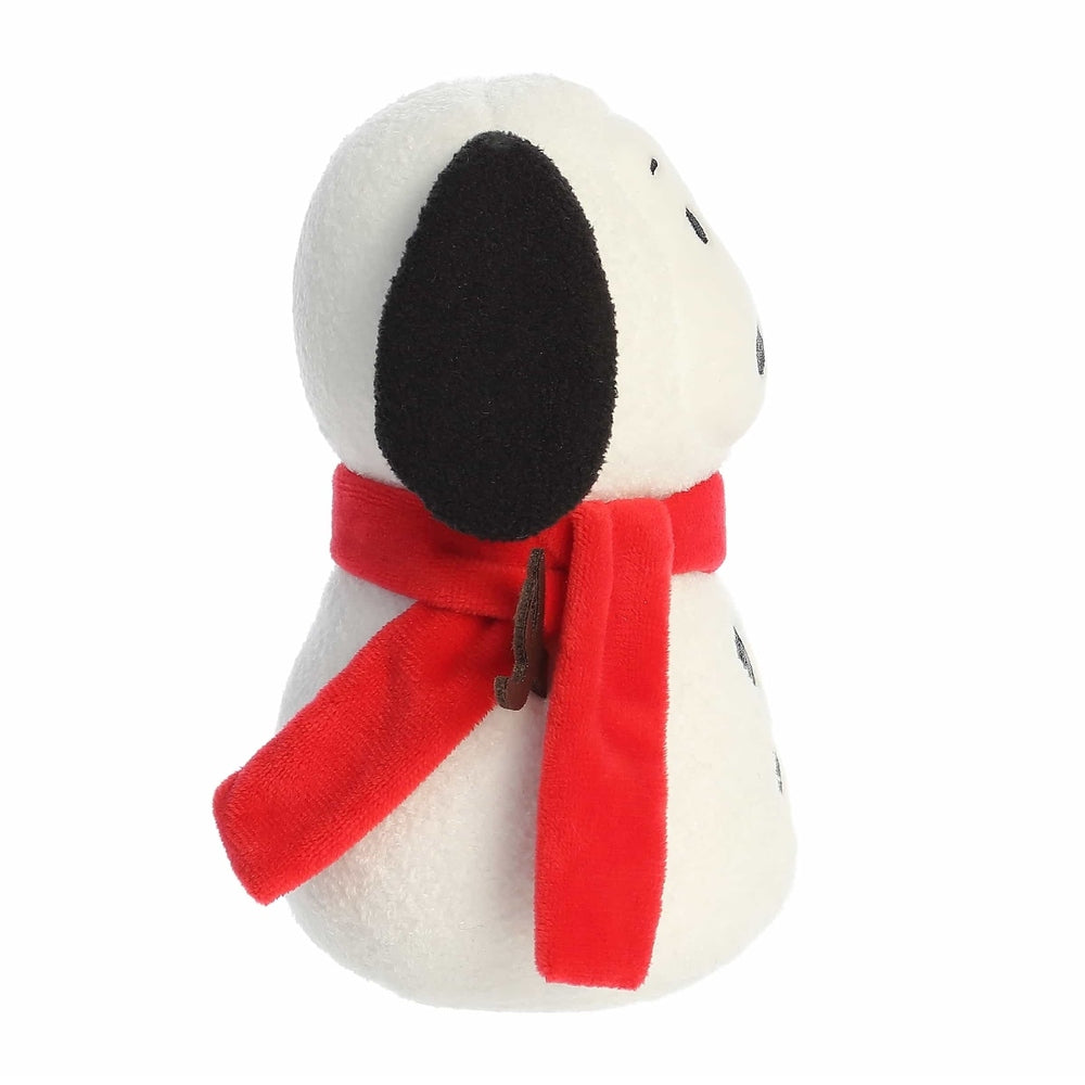 Aurora Peanuts Snow Beagle 8" plush wearing a bright red scarf, shown in side view with white fur and black ear.