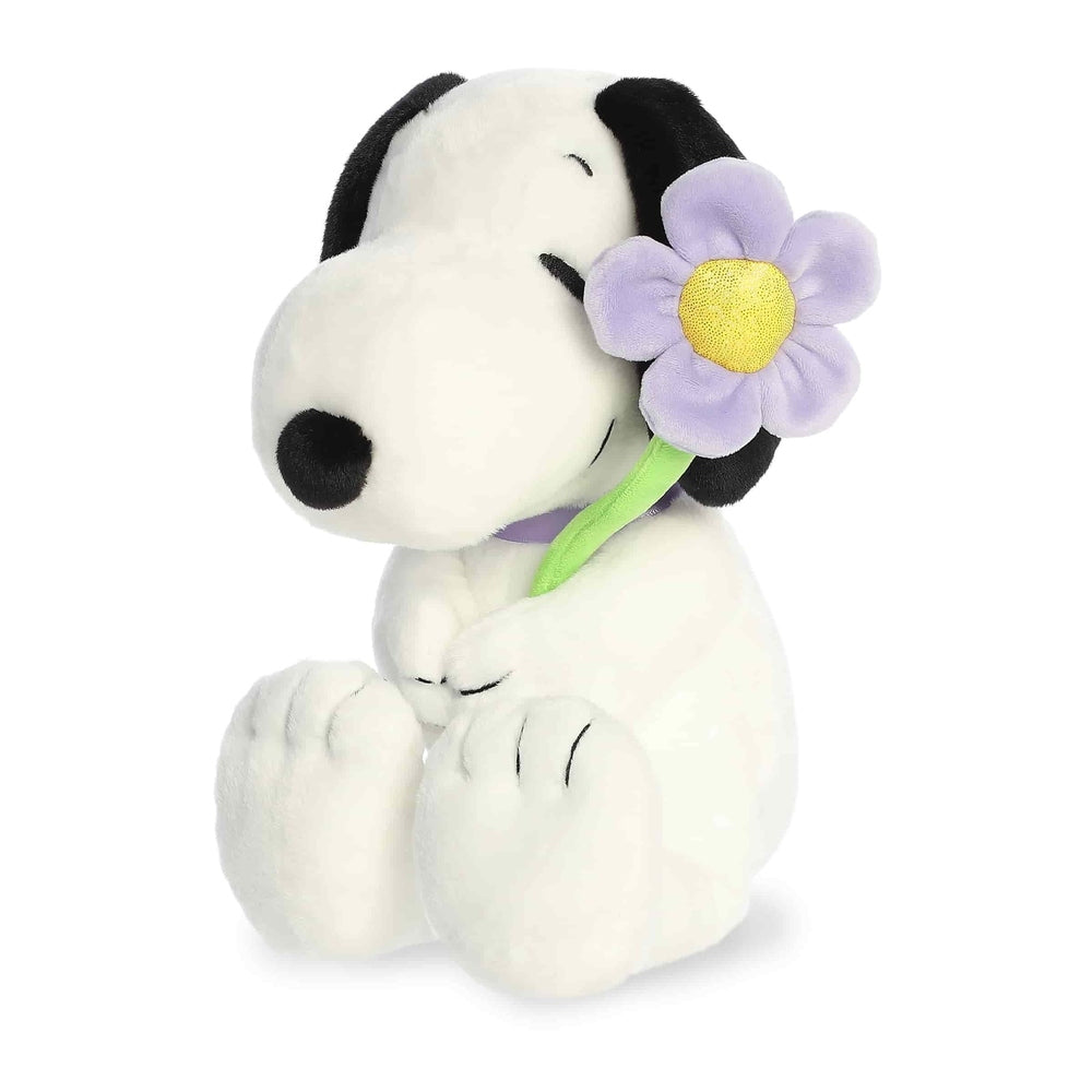 Aurora Snoopy 11-inch plush toy with purple flower, white dog with black ears