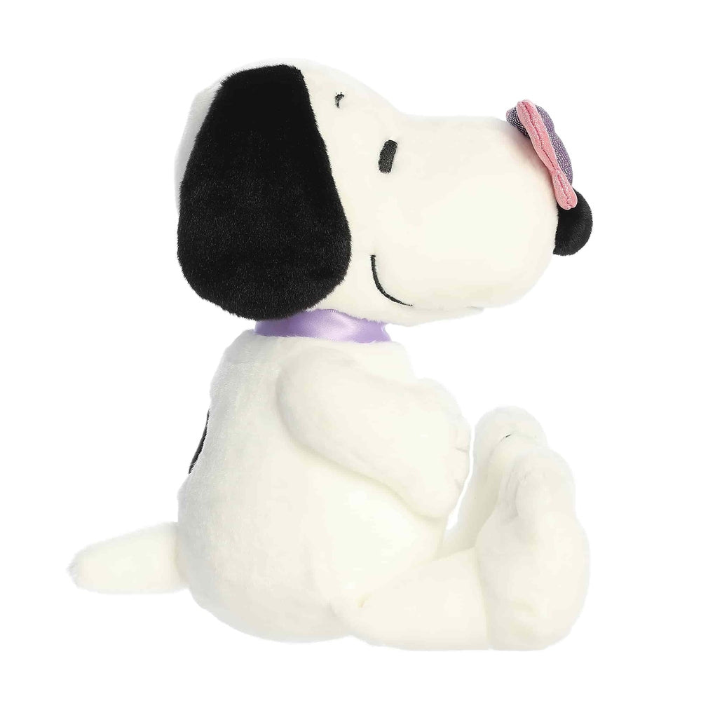 Aurora Peanuts Snoopy plush toy, 11-inch white dog with black ears, purple collar and pink sunglasses