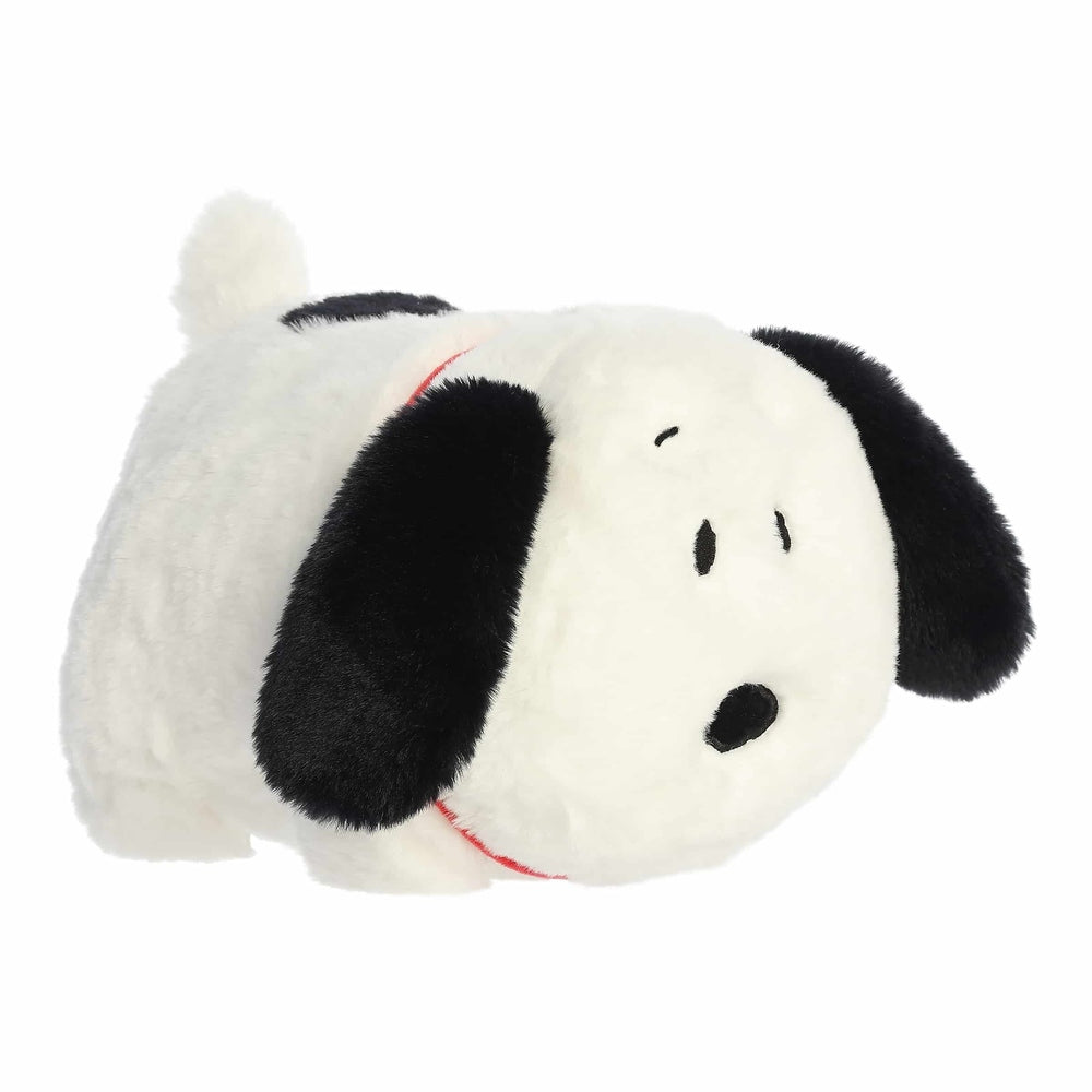 Aurora Snoopy Spudsters 10" stuffed animal lounging on its side with black ears and red collar.