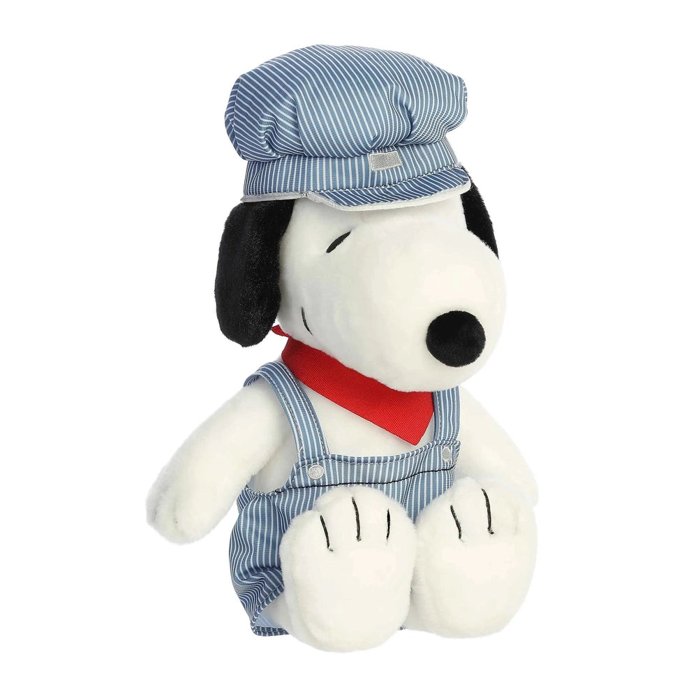 Aurora Peanuts Train Engineer Snoopy 14" plush with blue striped hat and overalls, red scarf.