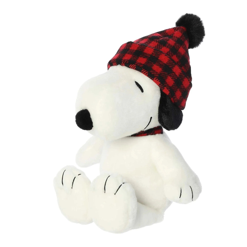 Aurora Snoopy 11" stuffed animal wearing a red plaid winter hat, cozy plush toy for kids