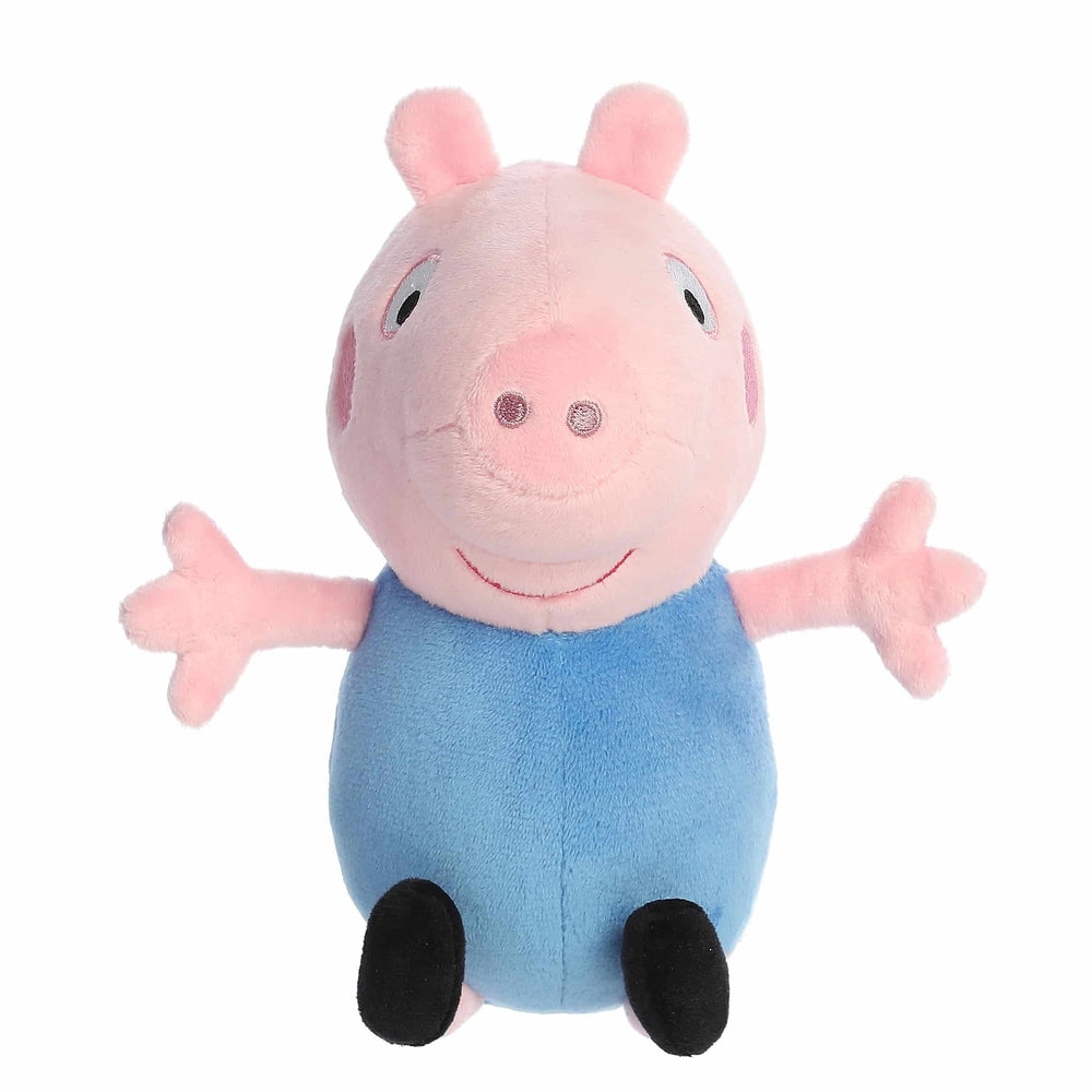George Pig plush toy by Aurora, 8" pink pig with blue overalls, soft stuffed animal