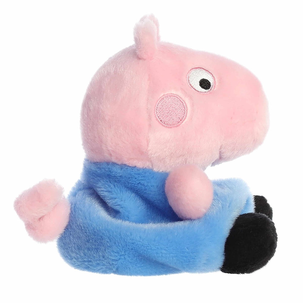 George Pig Palm Pals stuffed toy by Aurora, pink head with blue outfit and black feet