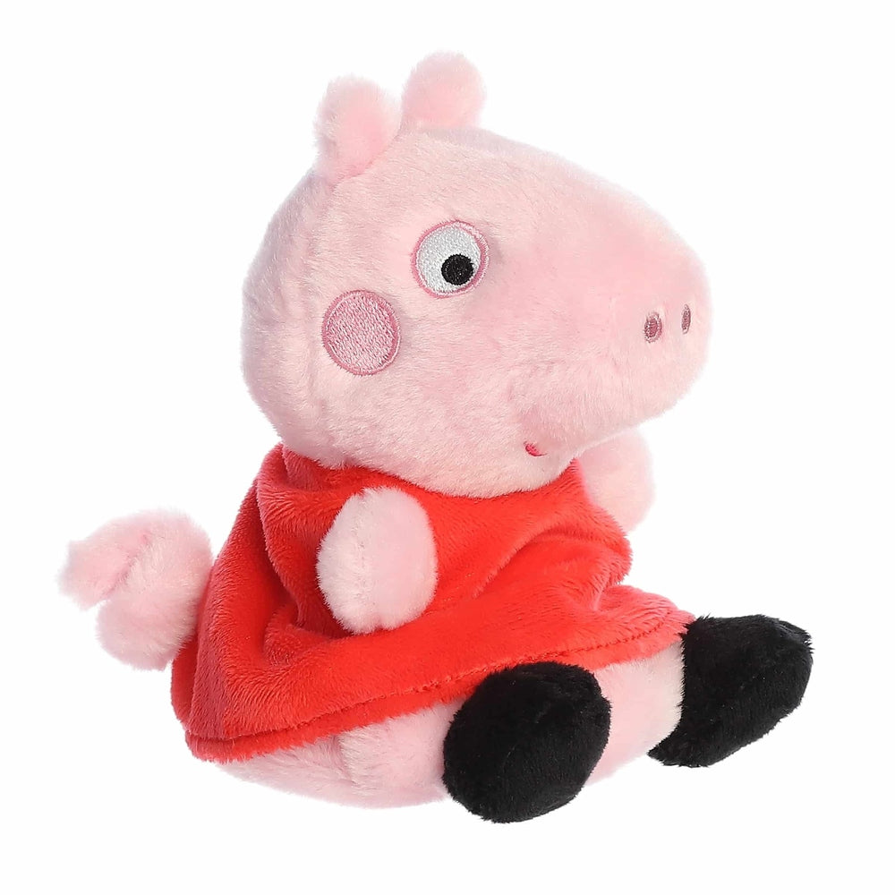 Aurora Peppa Pig Palm Pals stuffed animal, pink plush with red dress, 5 inches