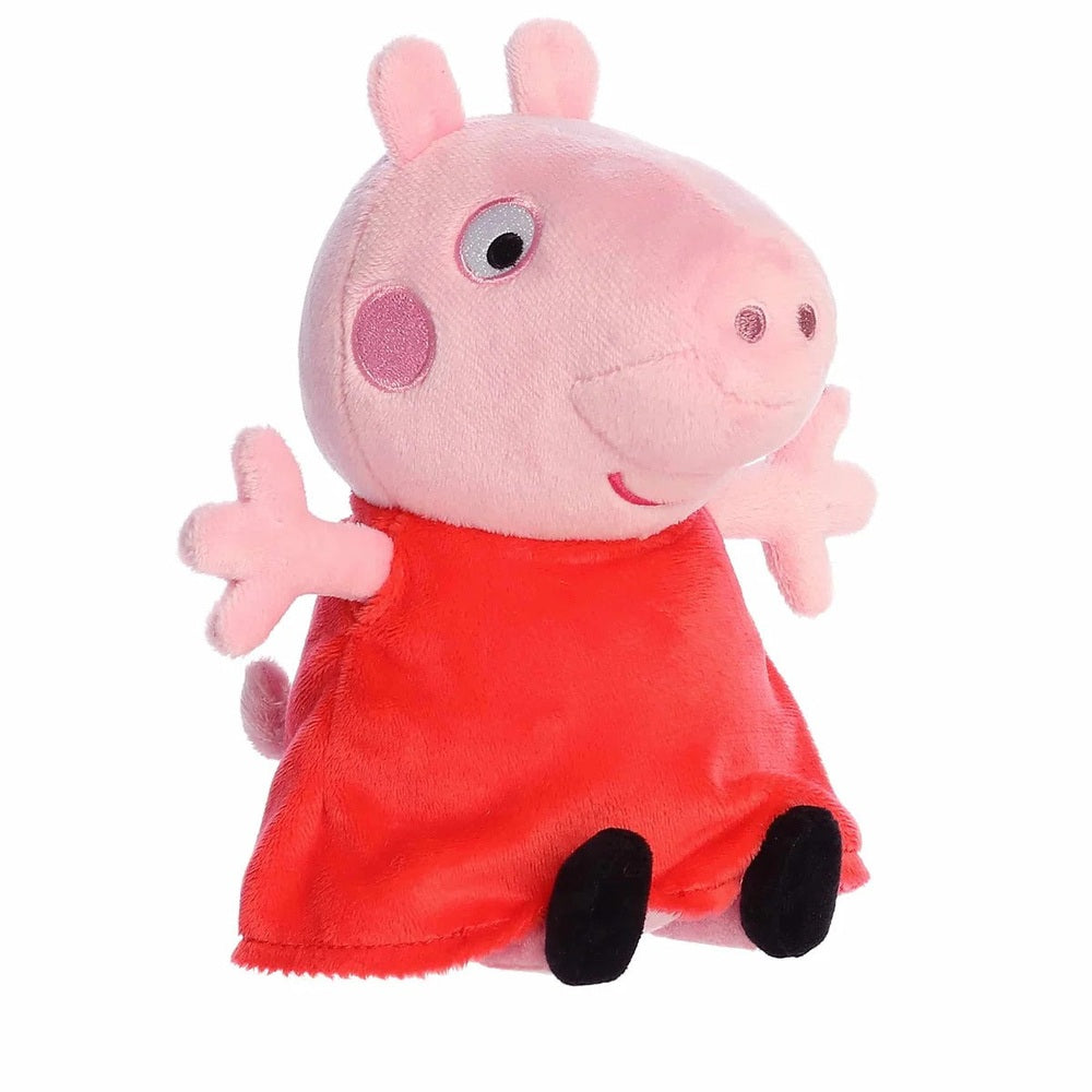 Aurora Peppa Pig stuffed animal plush in red dress; pink body with black feet