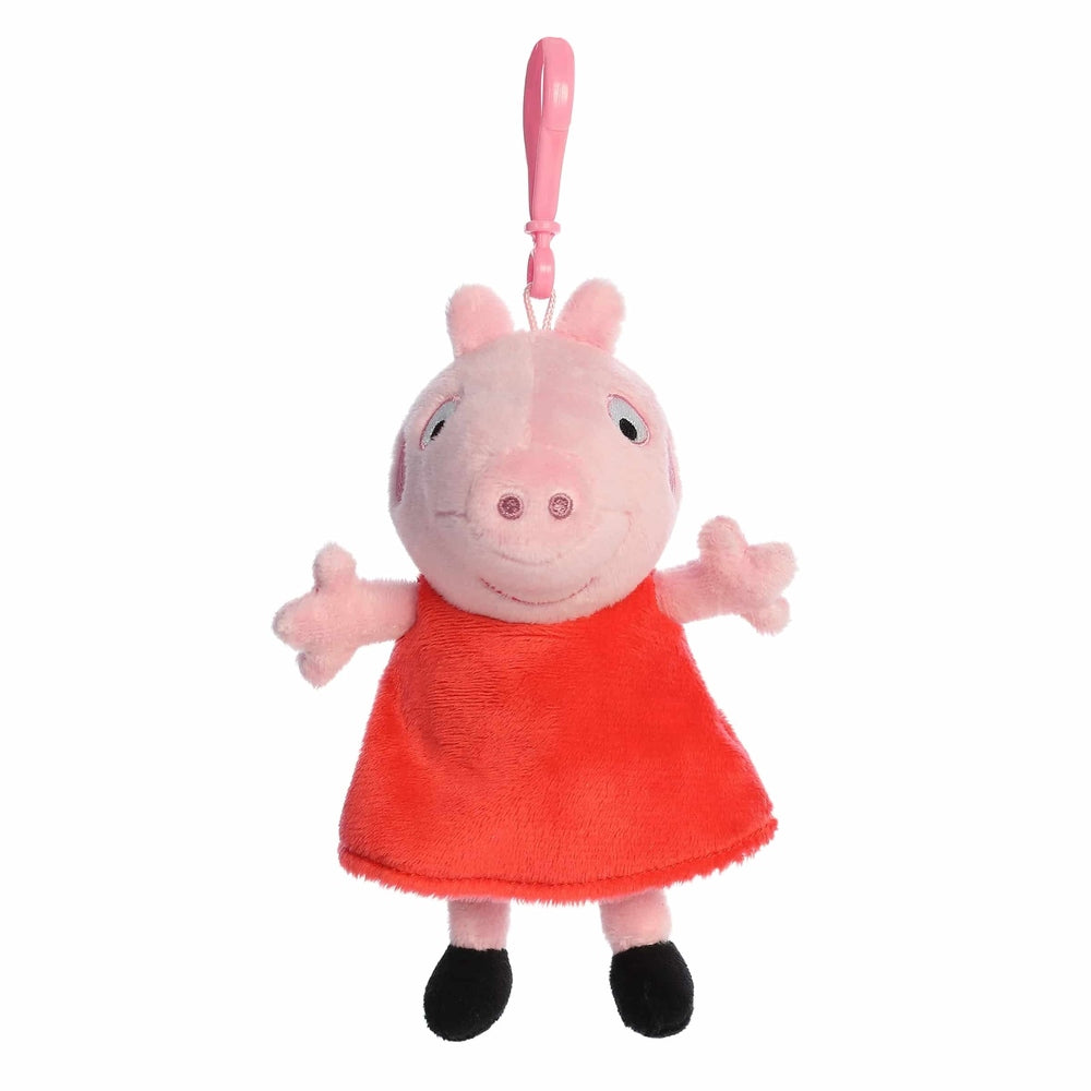 Peppa Pig ClipOn stuffed animal by Aurora; pink plush with red dress, black feet, and clip attachment