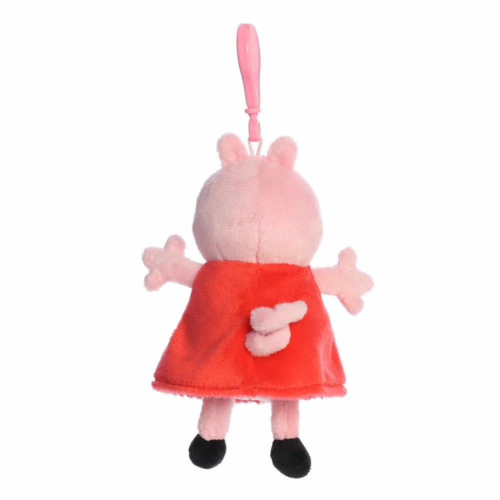 Peppa Pig Clip-On stuffed animal by Aurora, pink pig in red dress with pink clip