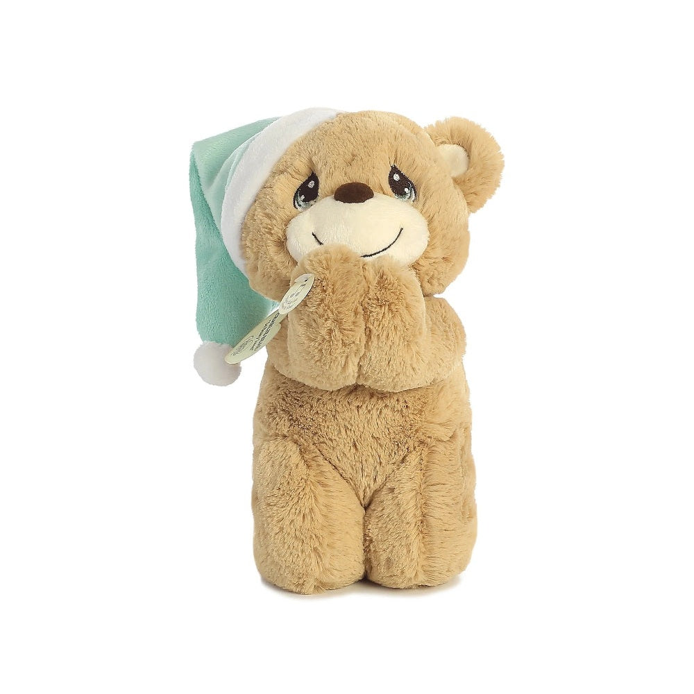 Aurora Charlie Prayer Bear 10in plush stuffed animal in tan with teal Santa hat