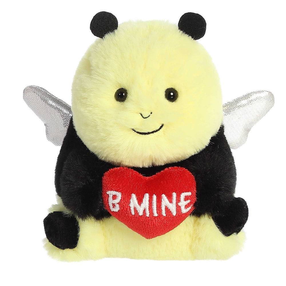 Yellow plush bee with black limbs, silver wings, and red heart reading B MINE.