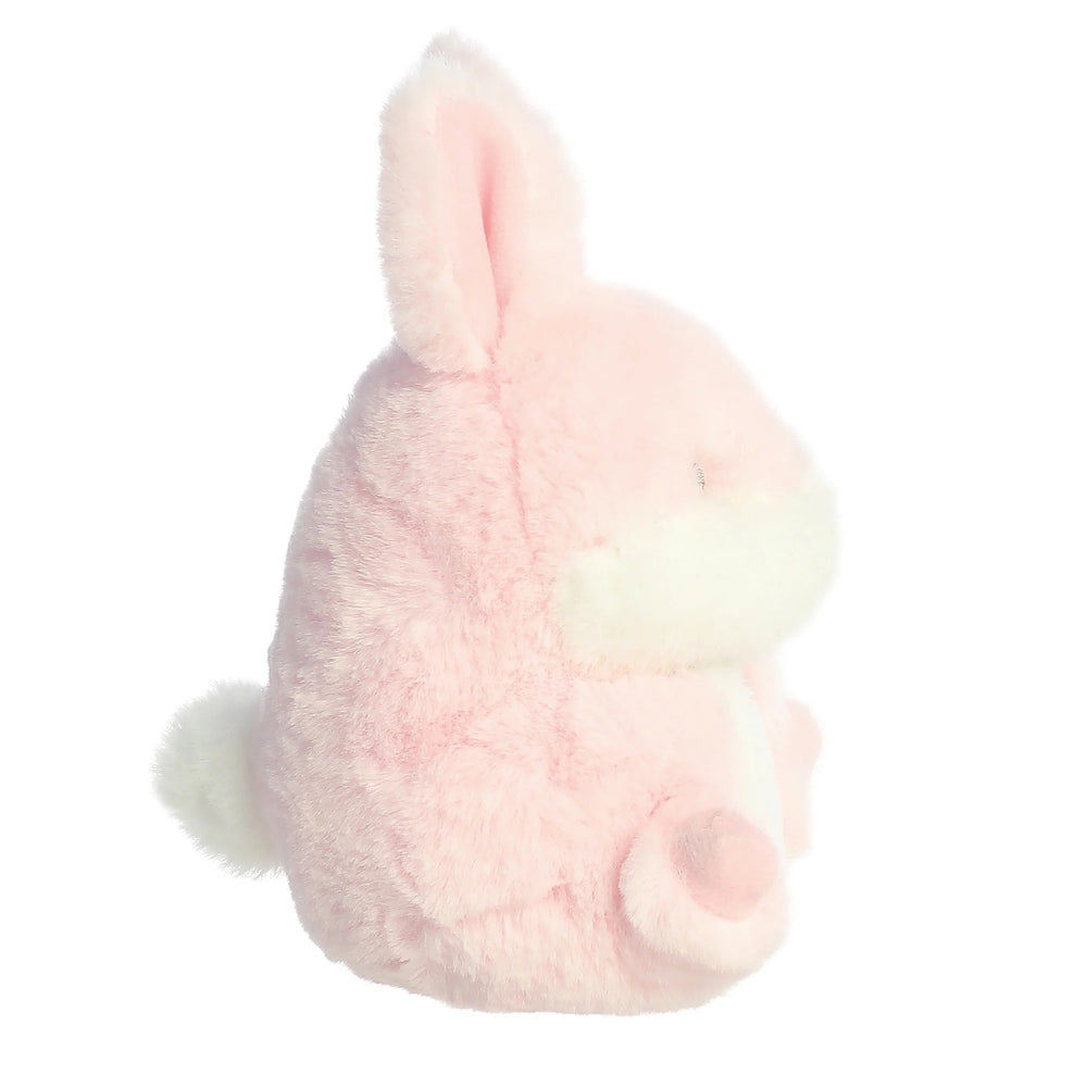 Aurora Rolly Pet Bunny 5-inch plush stuffed animal, pink with white belly and fluffy tail.