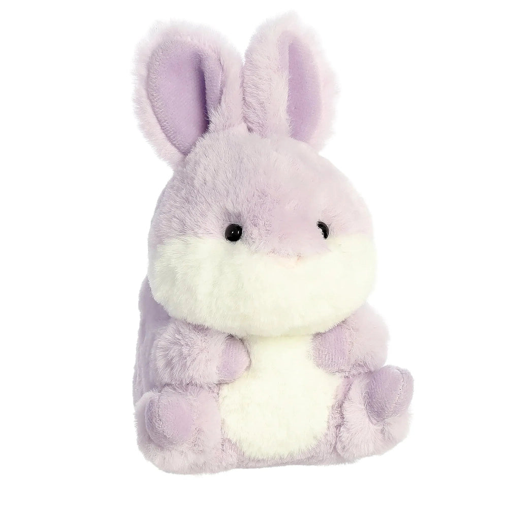 Aurora Rolly Pet Bunny Lavender 5-inch plush toy sitting upright with cream belly and black eyes.