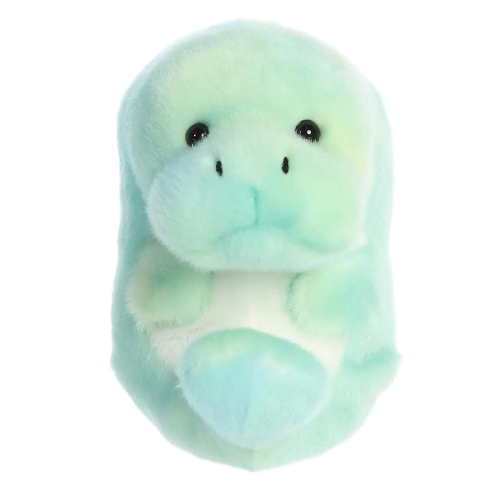 Aurora Rolly Pet Myrtle Manatee 5" plush sits upright in pastel teal fur with black eyes, cozy and huggable.