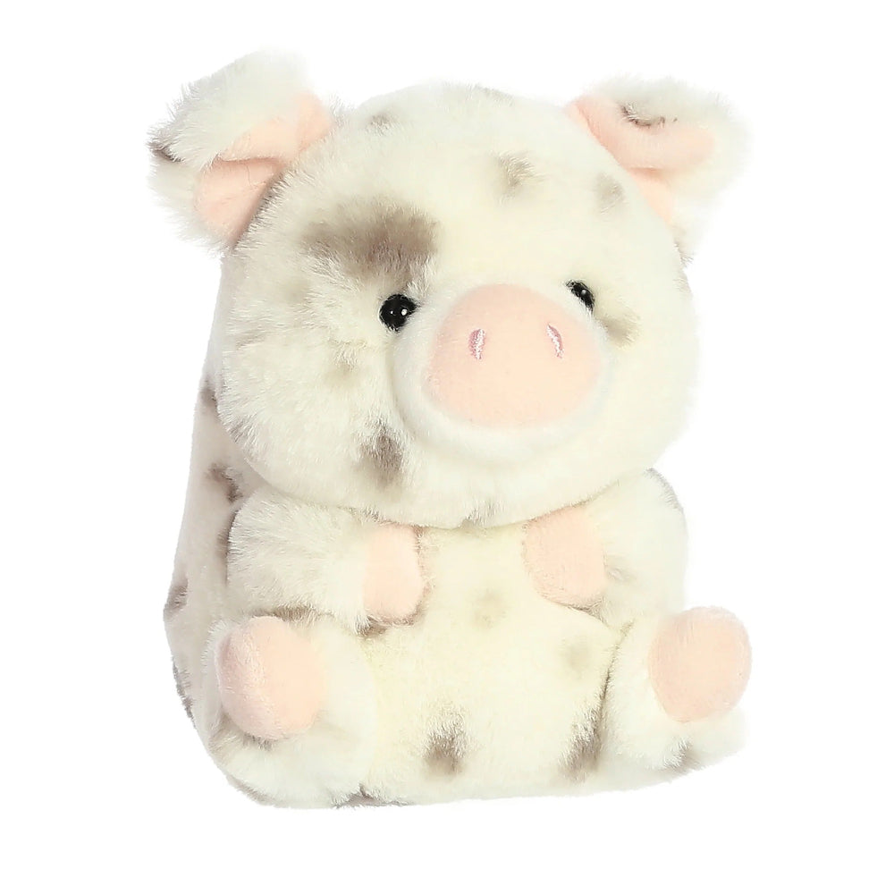 Aurora Rolly Pet Periwinkle pig 5in stuffed animal, soft white fur with pink snout and spotted patches