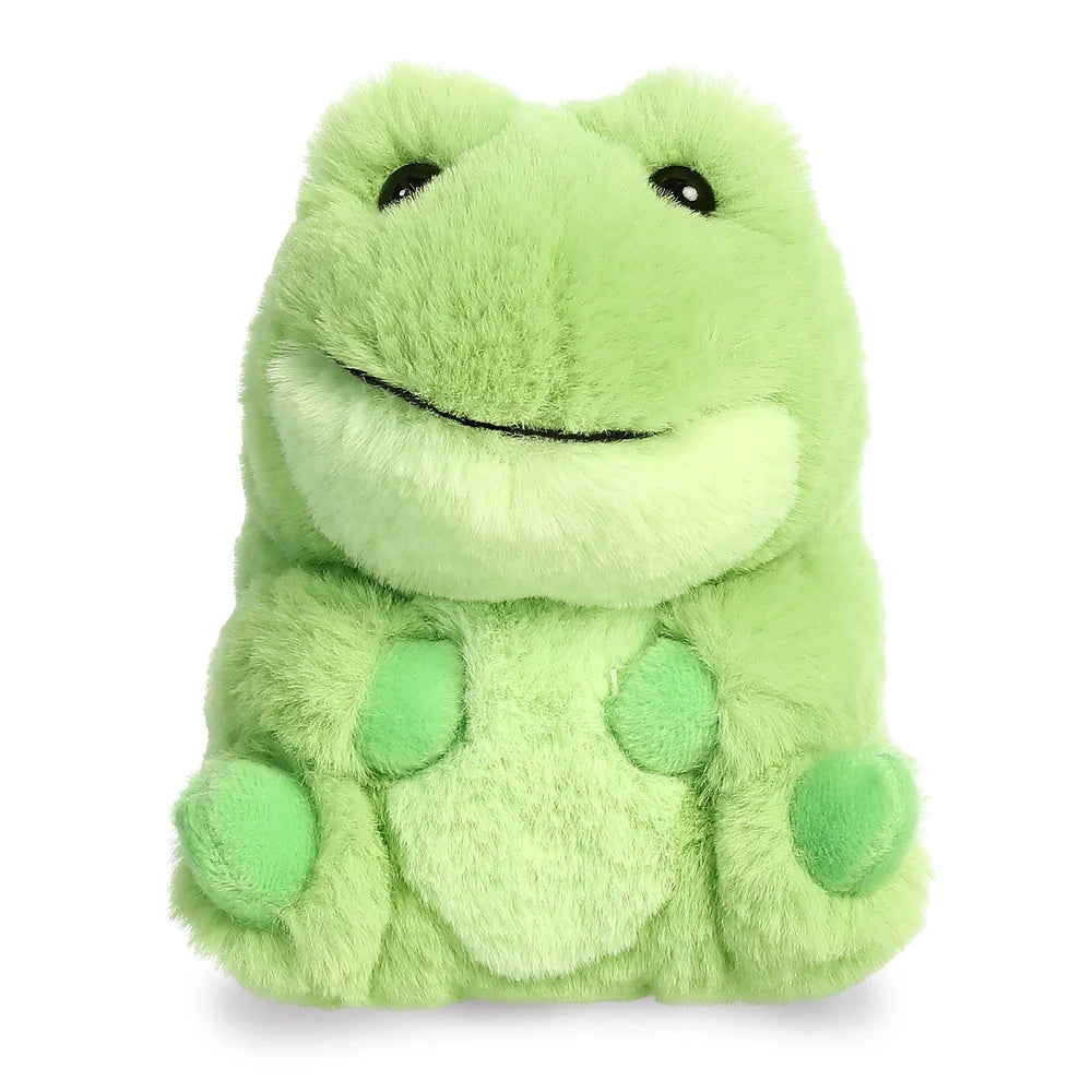 Aurora Rolly Pet Riberto Frog 5" plush toy, bright green with lime accents, sitting upright.