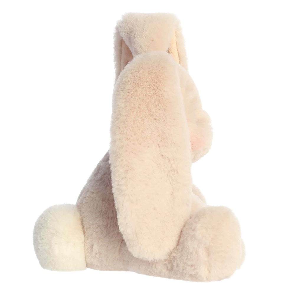 Cream plush bunny with fluffy fur, long ears, round tail, 11.5 inches.