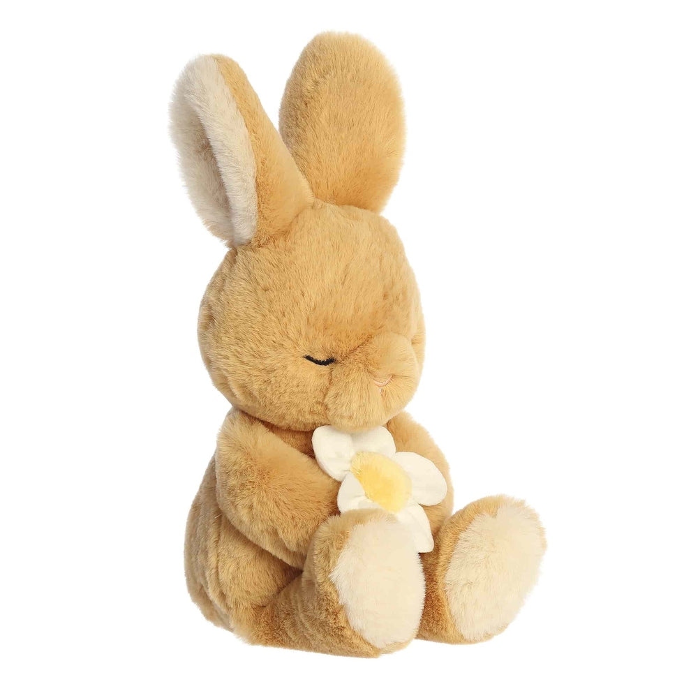 Aurora 10" plush bunny holding a white-yellow flower, tan fur with pale inner ears, stuffed animal.