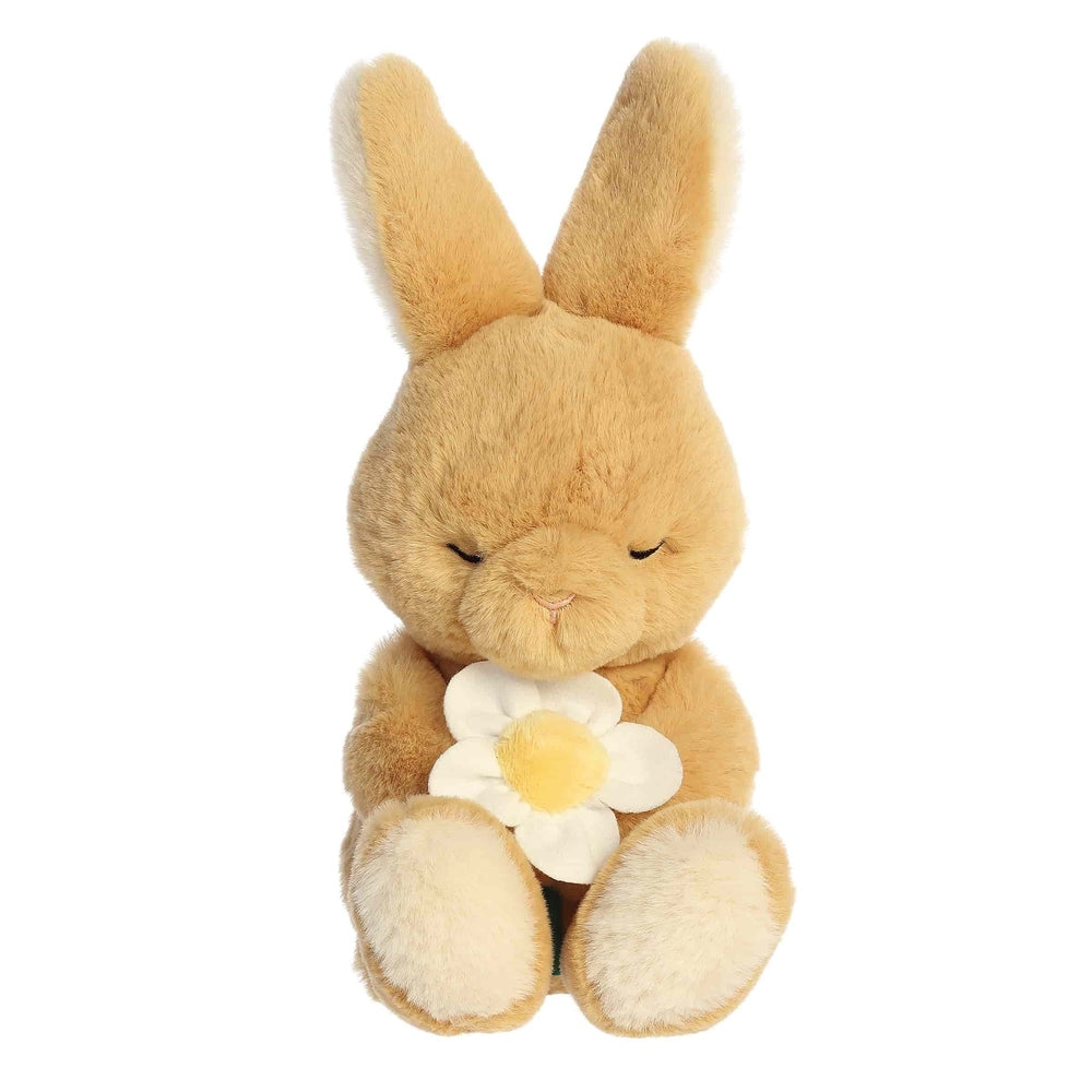 Aurora 10" Spring Flower Blossom Bunny plush, tan stuffed rabbit holding a white-yellow flower.
