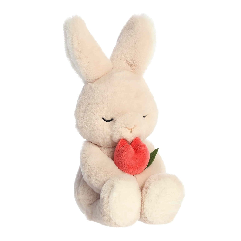 Aurora 10-inch Spring Flower Blossom Bunny plush, cream fur, holding a red tulip