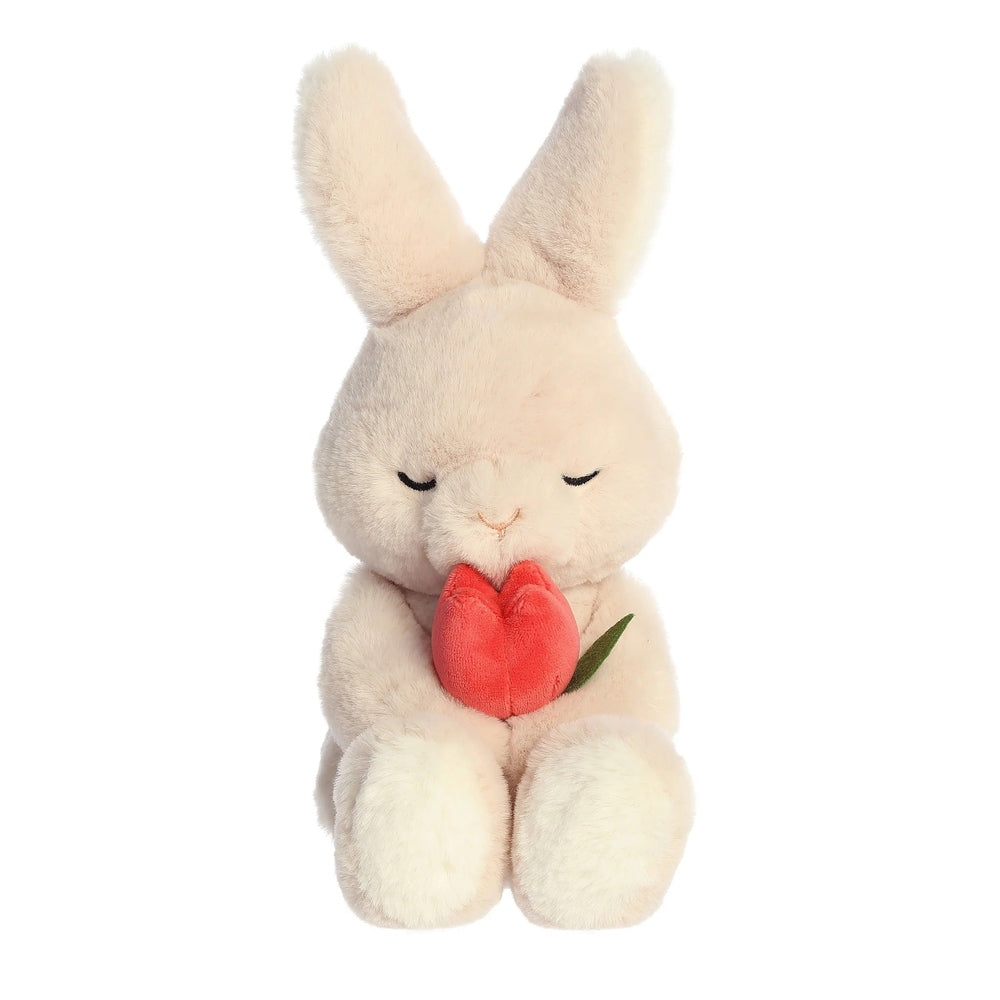 Aurora bunny plush holding a red heart, cream-colored soft stuffed animal.